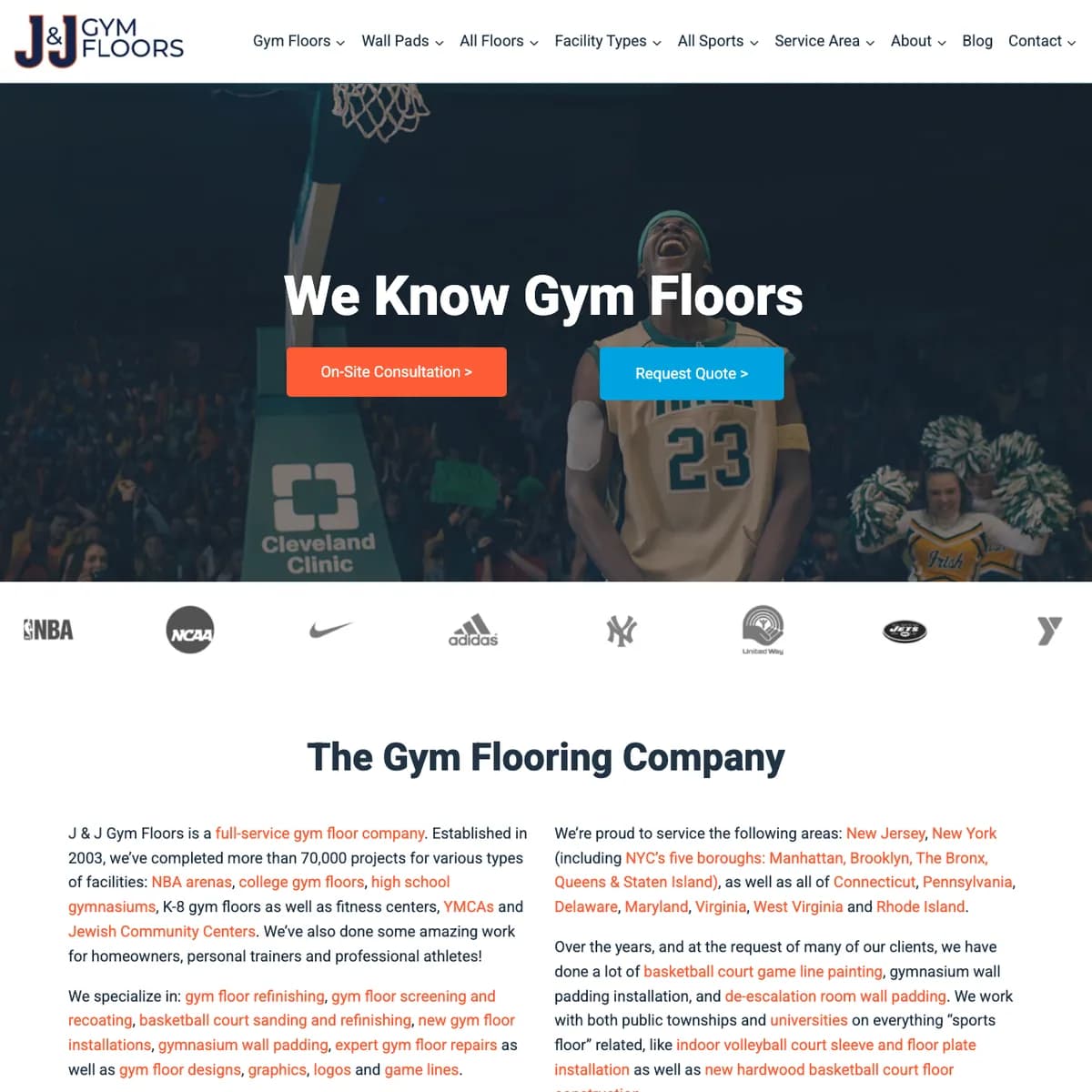 The J & J Gym Floors website home page